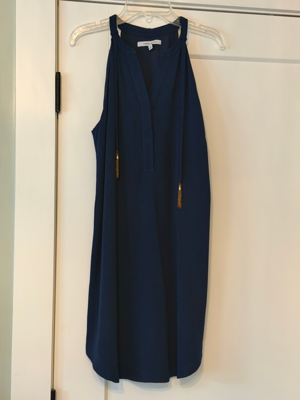 Naked Zebra Navy Halter Mini Dress with Gold Tassel Accents